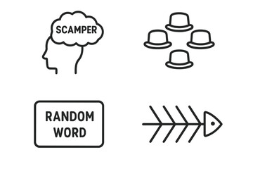 Brainstorming techniques icon set. Outline icons of SCAMPER method, Six Thinking Hats, Random Word, and Fishbone diagram. Business innovation and creativity tools vector.