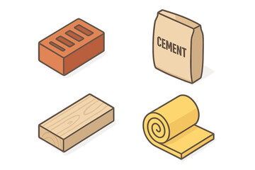 Construction materials isometric vector icon set. Building industry supplies with brick, cement sack, wood beam, and fiberglass insulation roll. Home improvement graphic.