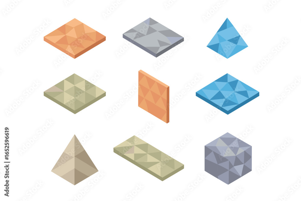 Aufkleber isometric polygonal tile icon set. 3d low poly abstract geometric shape collection. modern mosaic ba