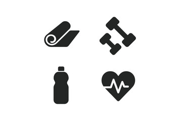 Solid glyph icon set for fitness and exercise. Gym workout symbols including yoga mat, dumbbells, water bottle, and cardio heart beat. Healthy lifestyle vector graphic.