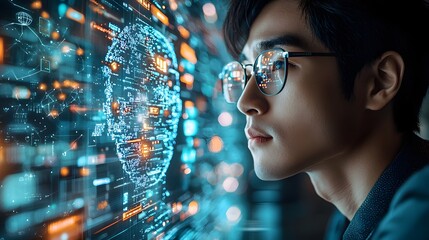 Young entrepreneur designing an  powered business assistant in a futuristic office filled with smart devices