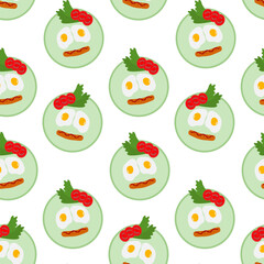 Fried Eggs and Grilled Sausage and Tomato slices and Greens on plate like Food Face Seamless Pattern