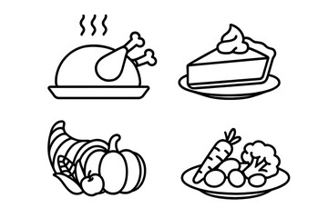 Thanksgiving Feast Icons Outline Vector Set Featuring Roasted Turkey, Pumpkin Pie, Cornucopia with Fruits and Vegetables, and Harvest Vegetables on Plate Illustration