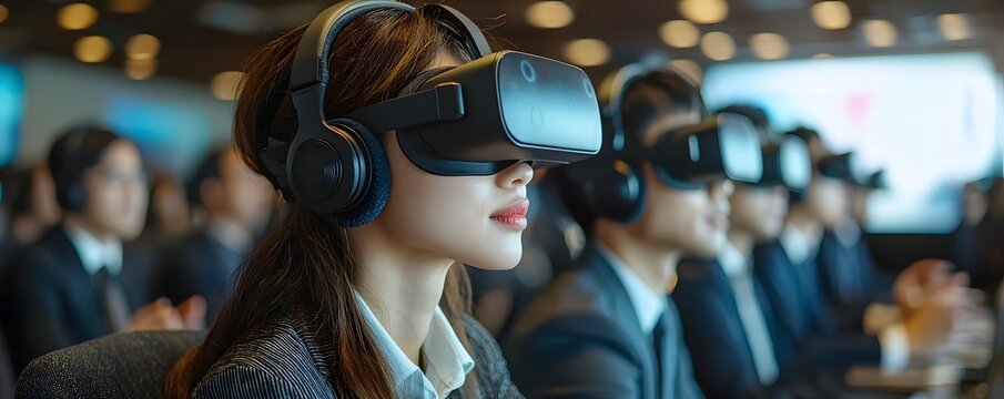 Business professionals collaborating in a virtual reality meeting