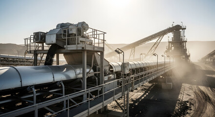Fototapeta premium Industrial Conveyor Belt System at a Mining Site, Extractive Industry
