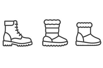 Winter boots icon set. Outline vector collection of various footwear styles for cold weather. Lace-up combat boot, insulated snow boot, shearling-lined ankle bootie symbol.