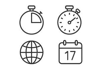 Time Management Icons Set, Countdown Timer, Stopwatch, World Clock Globe, Calendar Date, Vector Outline Illustration, Productivity Tools, Planning Symbols