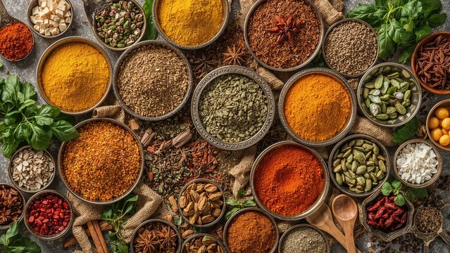 Culinary herbs and spices arranged in metal bowls alongside wooden spoons. Food preparation elements.
