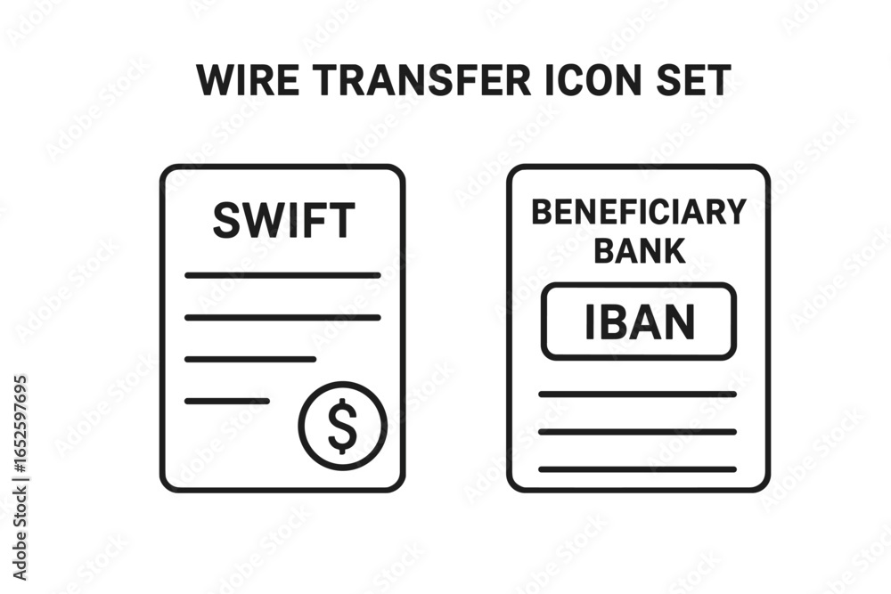 Poster wire transfer icon set. outline icons for bank payment documentation. swift transfer form and benefi