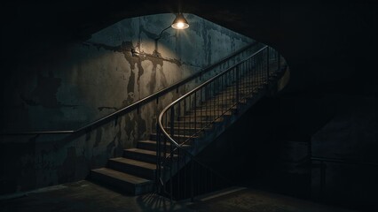 Interior scene with staircase illuminated in a shadowy environment