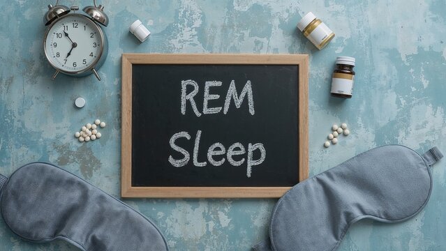 Sleep-related scene including an alarm clock, sleep aids, an eye mask, and a blackboard with REM sleep written on a worn blue background