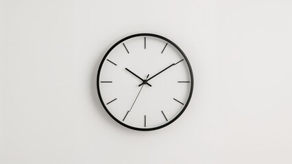 Minimalist black and white circular wall clock in a white 3D setting