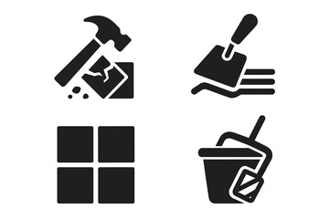 Floor renovation solid icon set. Tiling work process pictograms. Includes tile removal, adhesive scraping, new tile laying, and grout mixing. Vector for construction.