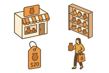 Pottery shop icon set. Isometric vector illustration of a ceramics store, customer shopping for handmade crafts, display shelf with clay pots, and a price tag.