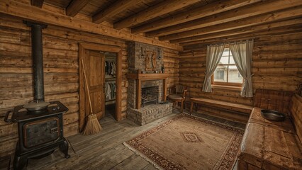 Empty rustic cabin kitchen from the middle ages depicted in vector art, including stove, cookware, seating, rug, broom, handle, and curtained window.