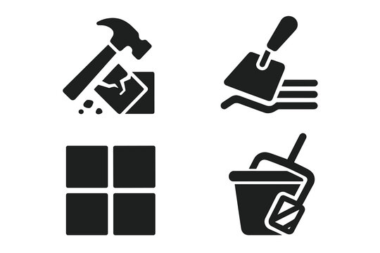 Floor renovation solid icon set. Tiling work process pictograms. Includes tile removal, adhesive scraping, new tile laying, and grout mixing. Vector for construction.