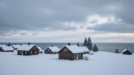 Snow covers homes close to a frozen ocean in the far north.