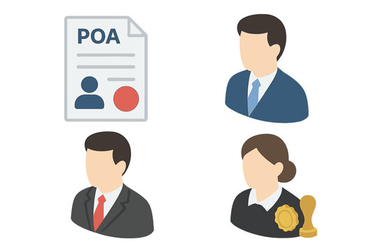 Power of Attorney icon set. Isometric vector illustration of POA legal document form, principal, agent avatar, and notary public with stamp. Law and finance concept.