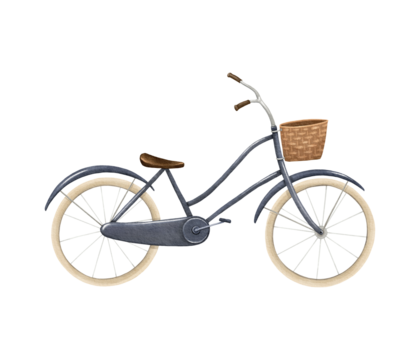 Blue bicycle with wicker basket, watercolor isolated illustration for your design. Symbol ecology transportation and healthy lifestyle. Retro design for city rest.