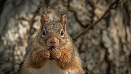 Fototapeta premium Detailed close shot of a squirrel feeding on a tree
