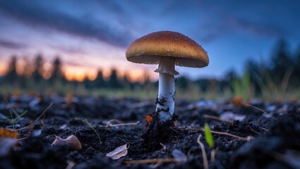 Single fungi sprouting from dark soil beneath a twilight sky, suitable for botanical, agricultural, and mycological topics.