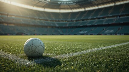 Football resting on the edge of a grassy pitch