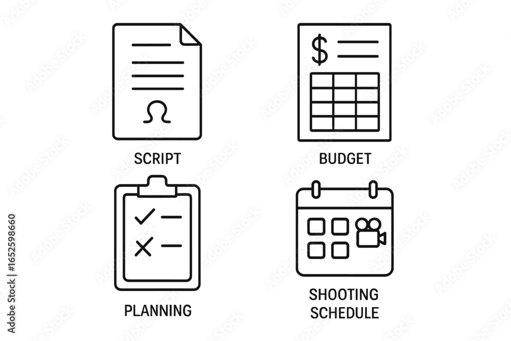 Poster filmmaking pre-production icon set. vector linear icons for video creation process. includes script,