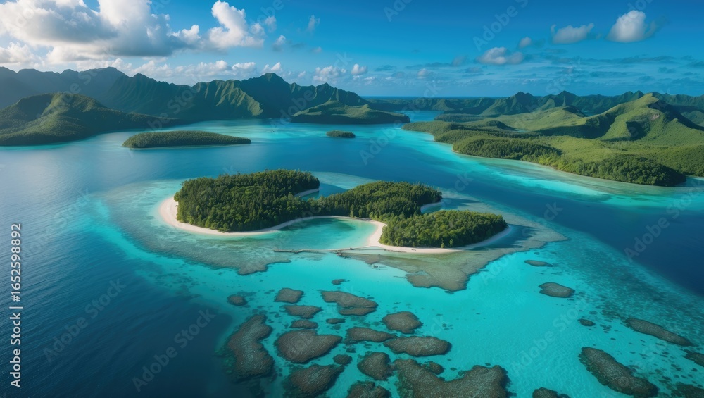 Poster view from above of small motu nestled within a lagoon