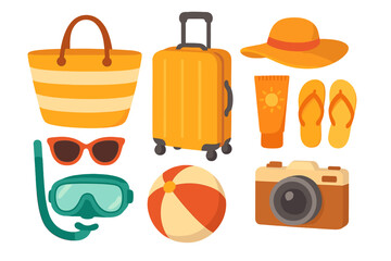 Essential Summer Travel Items for a Fun Beach Vacation, Vector Cartoon Illustration Set with Bag, Luggage, Sun Hat, Flip Flops, Sunscreen, Snorkel Mask, Beach Ball, Sunglasses, and Camera