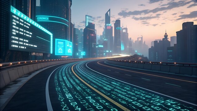 Digital road - Digital Code road concept - 3d illustration.