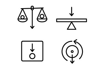 Physics line icon set showing center of gravity, balance, and stability. Vector symbols for force, pressure, torque, fulcrum, and equilibrium concepts for science design.