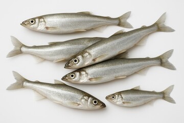 Obraz premium A collection of six isolated smelt fish on a white background