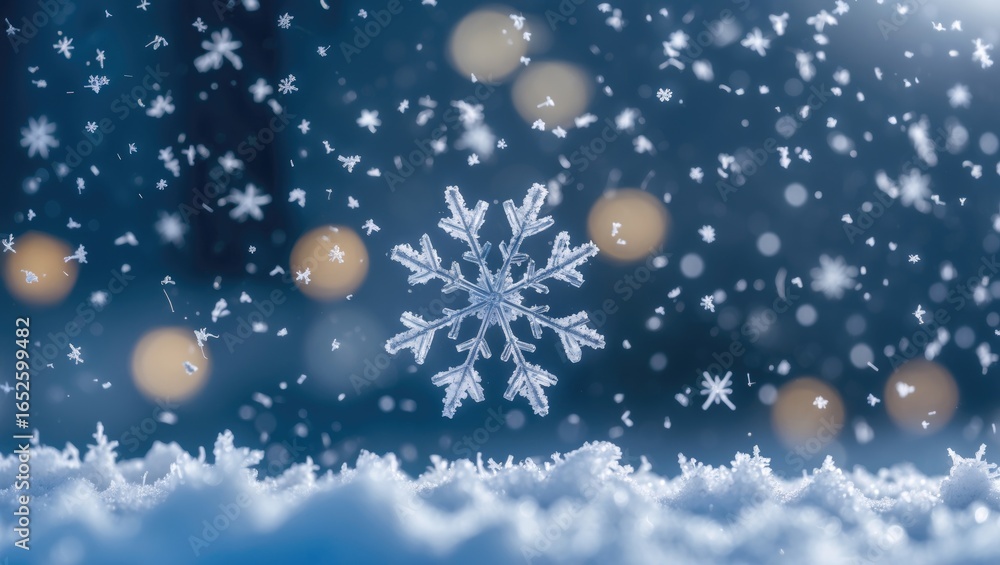 Poster detailed image of a miniature snowflake in the midst of snowing