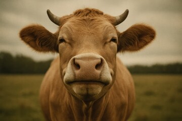 Farm scene featuring a cow's smug face in overcast weather, captured with shallow focus and retro grain texture