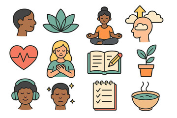 Mental health and wellness icon set. Mindfulness, meditation, personal growth, self care, yoga, gratitude, positive thinking. Vector illustration cartoon sticker pack.
