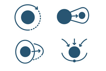 Gravitational field vector icon set. Physics science concepts of gravity, mass, force, and attraction. Icons for celestial mechanics, Roche limit, Hill sphere, orbital trajectory.