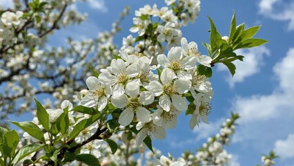 Obraz premium White blossoms with yellow plum stamens in spring against a blue sky and green foliage
