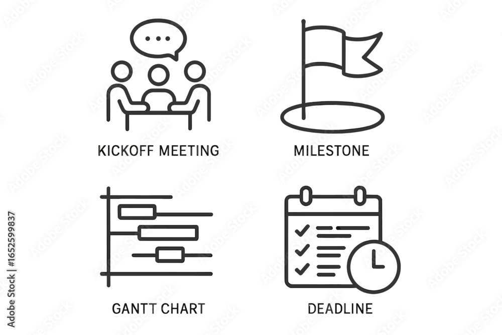 Poster project management linear icon set. vector symbols for business workflow and planning. includes kick