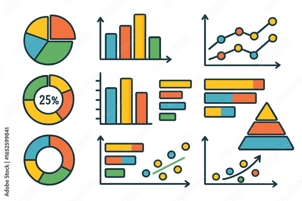 Poster set of colorful data visualization icons. collection of business charts and graphs for analytics rep