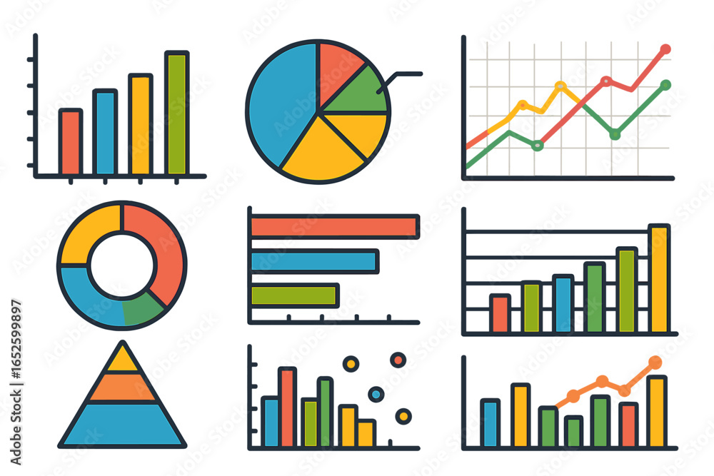 Aufkleber data visualization vector icon set. colorful charts and graphs for business reports, analytics, and 