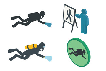 Cave diving isometric icon set. Scuba diver with flashlight exploring underwater cave. Safety briefing and training lesson for recreational tourist. Vector infographic element.