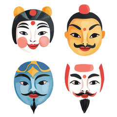 Four Colorful AsianInspired Masks with Unique Facial Features