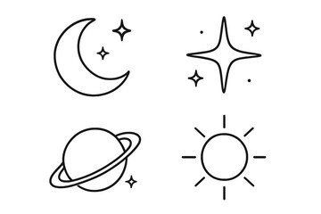Celestial icons set. Outline vector moon, star, planet, sun. Simple line art collection for astrology, horoscope, space, and astronomy. Minimalist cosmic graphic elements.