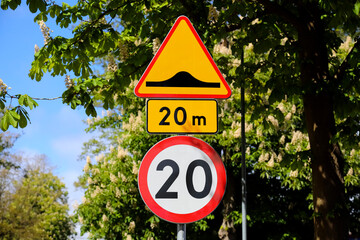 There are road signs warning of a bump in the road and a 20-kilometer-per-hour speed limit