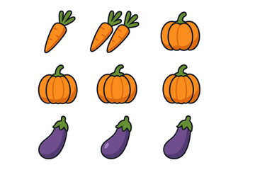 Set of cute vegetable icons. Carrot, pumpkin, eggplant, aubergine. Flat cartoon vector illustration for graphic design. Healthy food, diet, organic, harvest symbols.