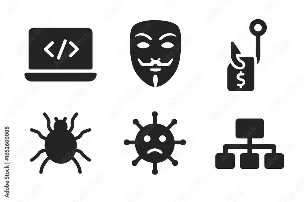 Poster hacker activity solid glyph icon set. cybercrime and internet security symbols. phishing scam, compu