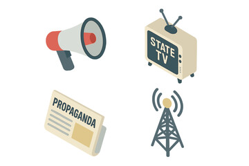 Propaganda icon set. Isometric concept of media control, disinformation, and fake news. Vector illustrations of megaphone, state TV, newspaper, and radio tower.