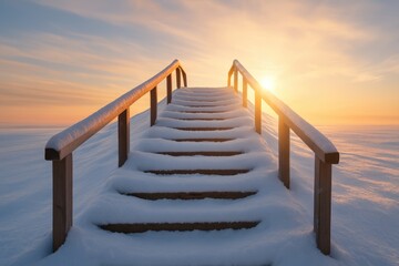 Winter scene featuring a snow-covered wooden staircase reaching upward under a glowing sunset with soft focus