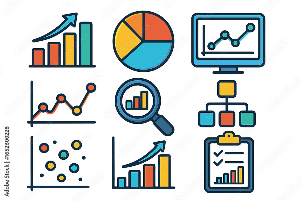 Aufkleber data analysis and statistics icon set. collection of charts, graphs for infographic. business analyt