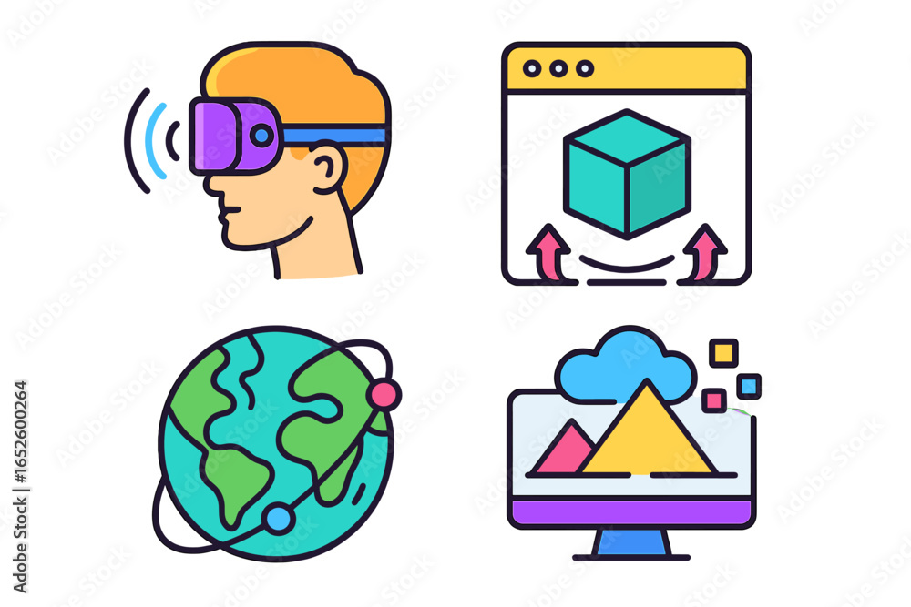 Poster vr and metaverse icon set. virtual reality headset, 3d modeling, global network, and cloud computing
